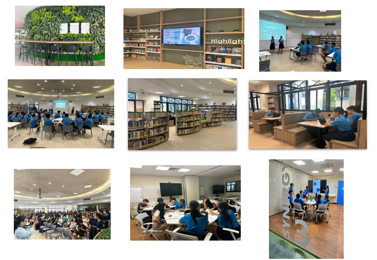 Nine photos of a school library showing students in blue uniforms attending sessions, reading, and exploring bookshelves.