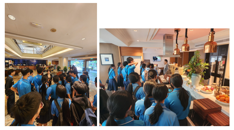 Students in blue uniforms gather in a hotel lobby and a dining area during what appears to be a school tour.