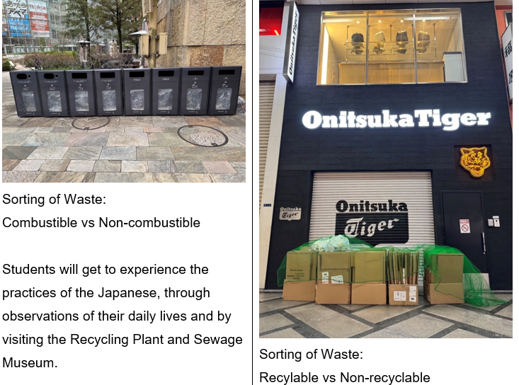 Sorting of public waste for combustible vs non-combustible and sorting of waste for recyclable vs non-recyclable at Onitsuka tiger