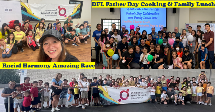 Three community event photos showing group gatherings for Racial Harmony Amazing Race and DFL Father Day Cooking and Family Lunch.