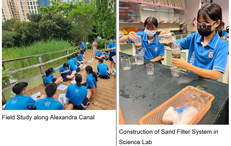 On the left side of image, showing students sitting down doing field study along alexandra canal. On right side of image, 2 students are doing construction of sand filter system in science lab.