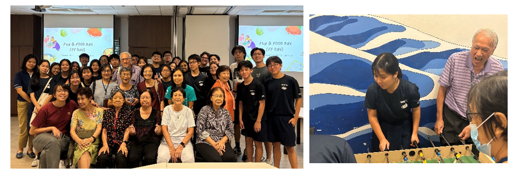 Large group posing indoors at a Fun and Food Day event; right photo shows people playing foosball near a mural.