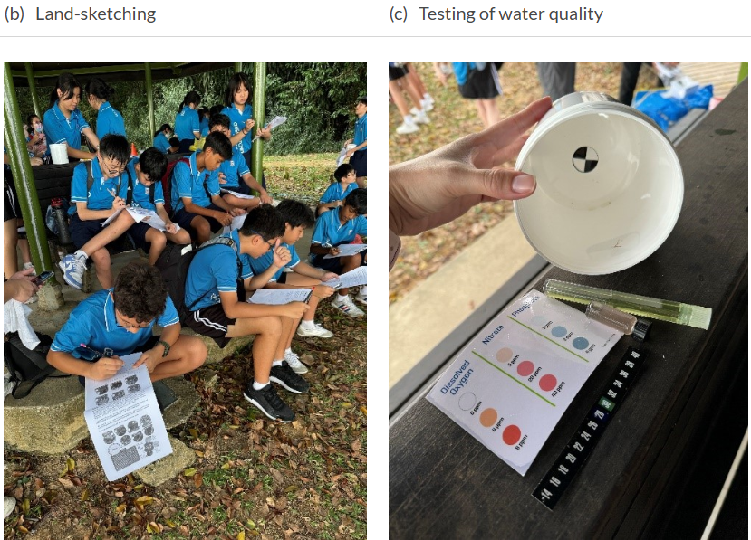 A group of students doing land-sketching and testing of water quality