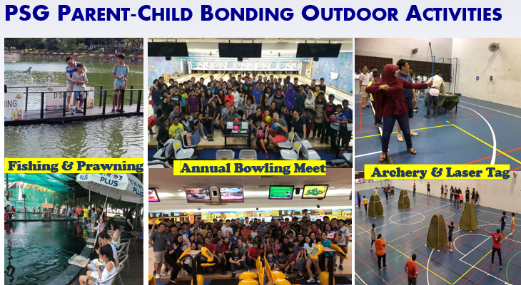 Flyer showing PSG parent-child activities: fishing and prawning, annual bowling meet, and archery and laser tag.