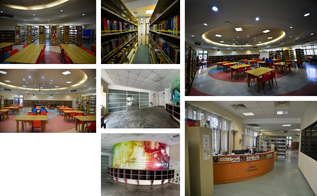 Seven interior views of a school library showing reading tables, bookshelves, a circular desk, and colorful seating areas.