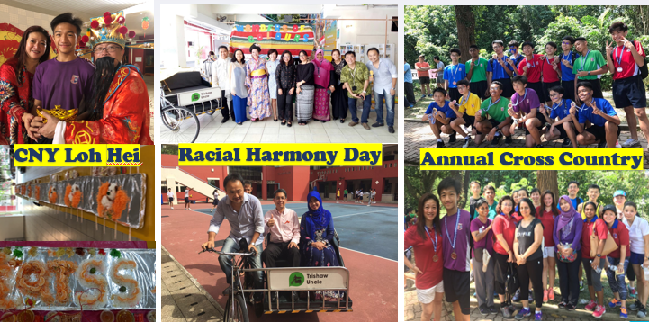 Three school event photos labeled CNY Loh Hei, Racial Harmony Day with trishaw, and Annual Cross Country with student groups.