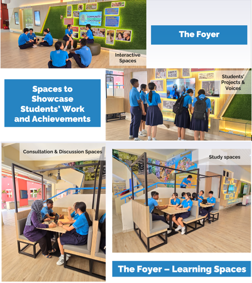 Four photos of school foyer learning spaces showing students in blue uniforms sitting, discussing, and viewing displays.