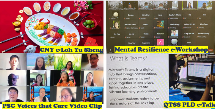 Four panels showing CNY e-Loh Yu Sheng dish, Mental Resilience e-Workshop video call, PSG Voices video clip, and QTSS PLD e-Talk.