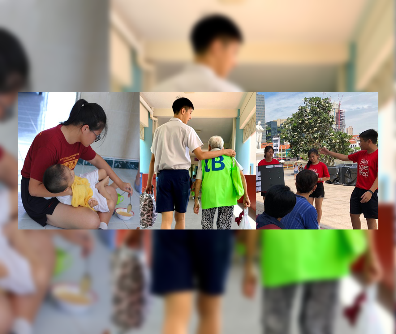 Three panels showing youth volunteers helping: feeding a baby, assisting an elderly person walking, and engaging seniors outdoors.