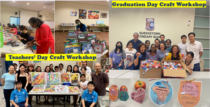 Group photos from Teachers' Day and Graduation Day Craft Workshops at Queenstown Secondary School with colorful artwork.