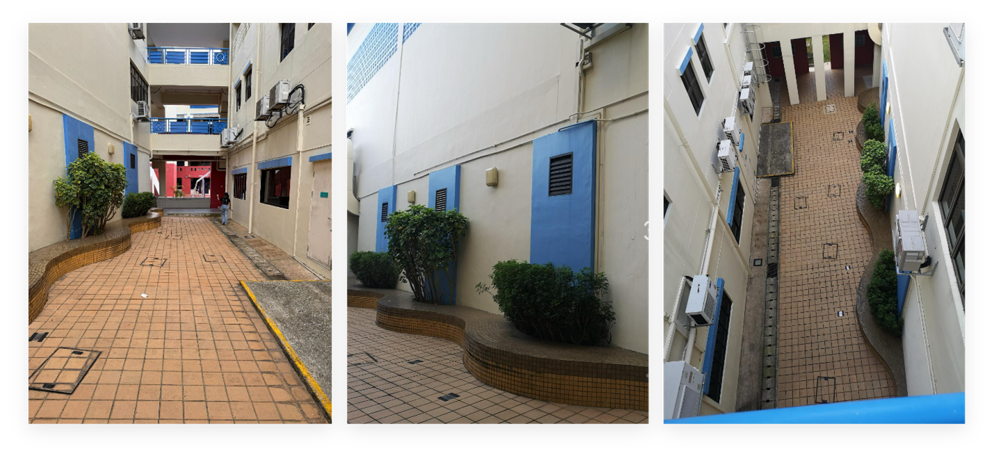 Three views of a narrow outdoor corridor between multi-story buildings with tiled floors, blue accents, and shrubs.