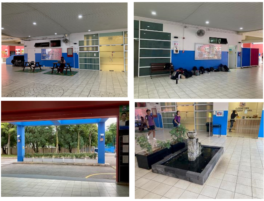 Four views of a school campus showing indoor common areas, a covered entrance, and a small outdoor fountain with students nearby.