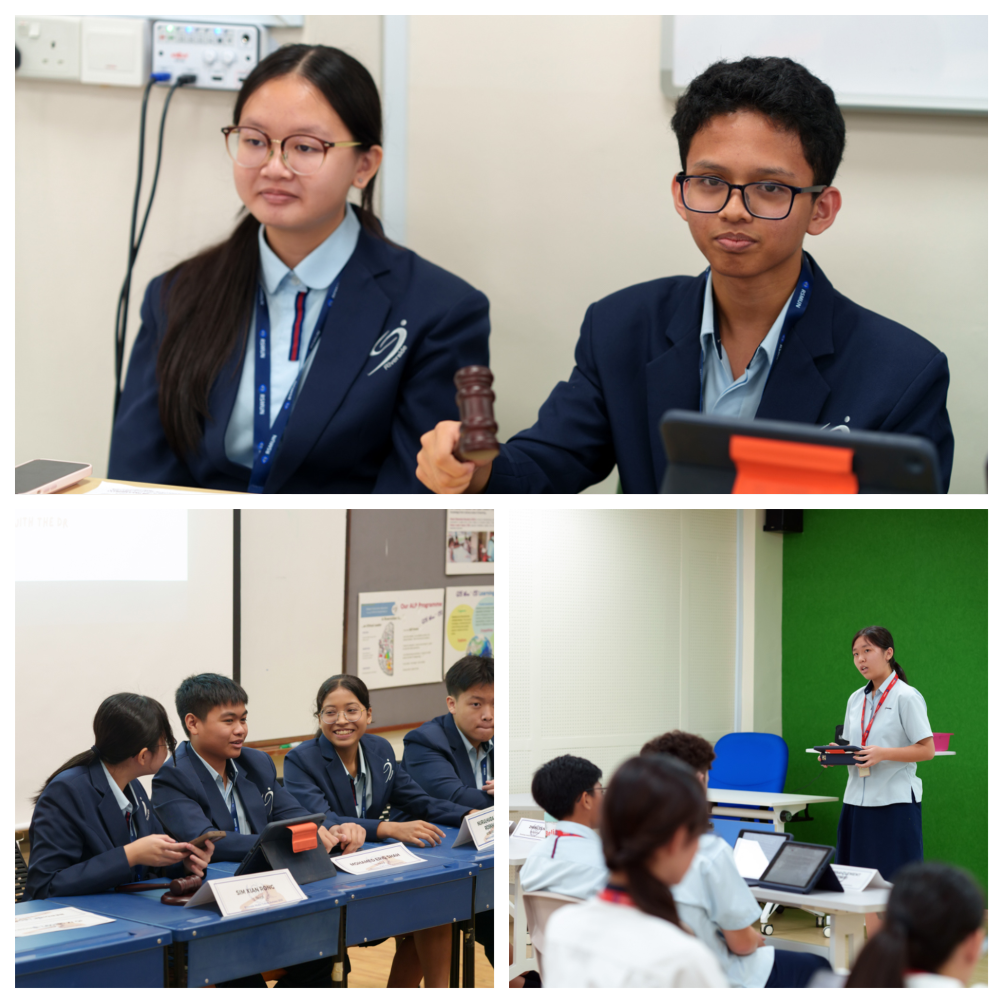 Students in uniforms at a classroom event; one holds a gavel, another presents to seated classmates.