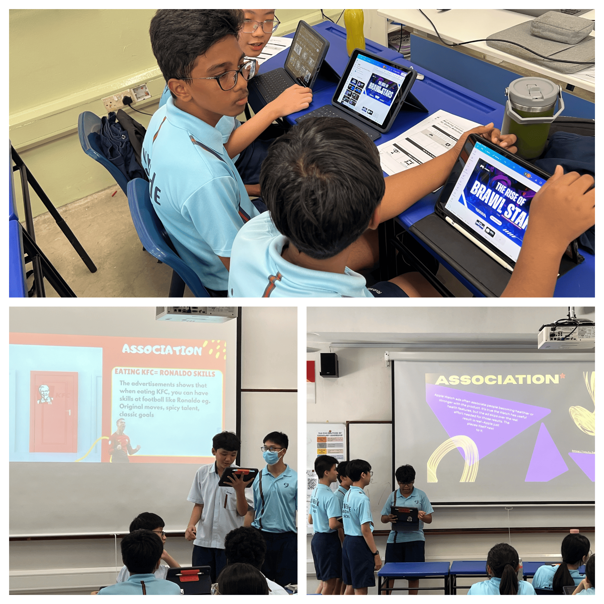 Students in light blue uniforms use tablets in a classroom and present slides about association on a projector screen.