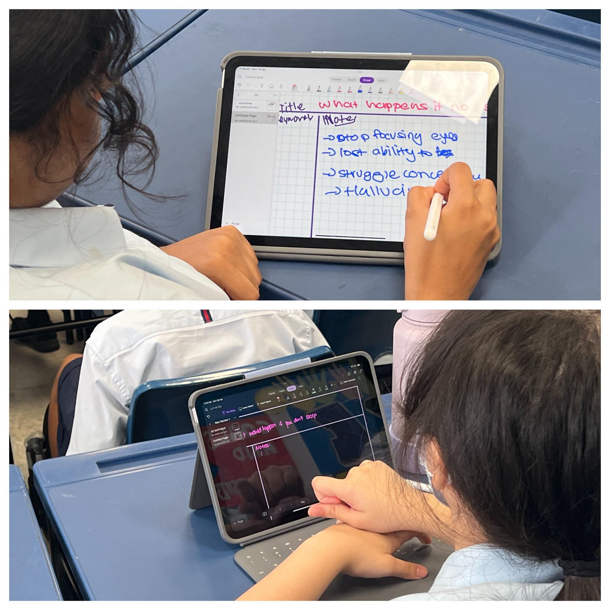 Two students at school desks use iPads, one writing notes with a stylus and another viewing a presentation about sleep deprivation.