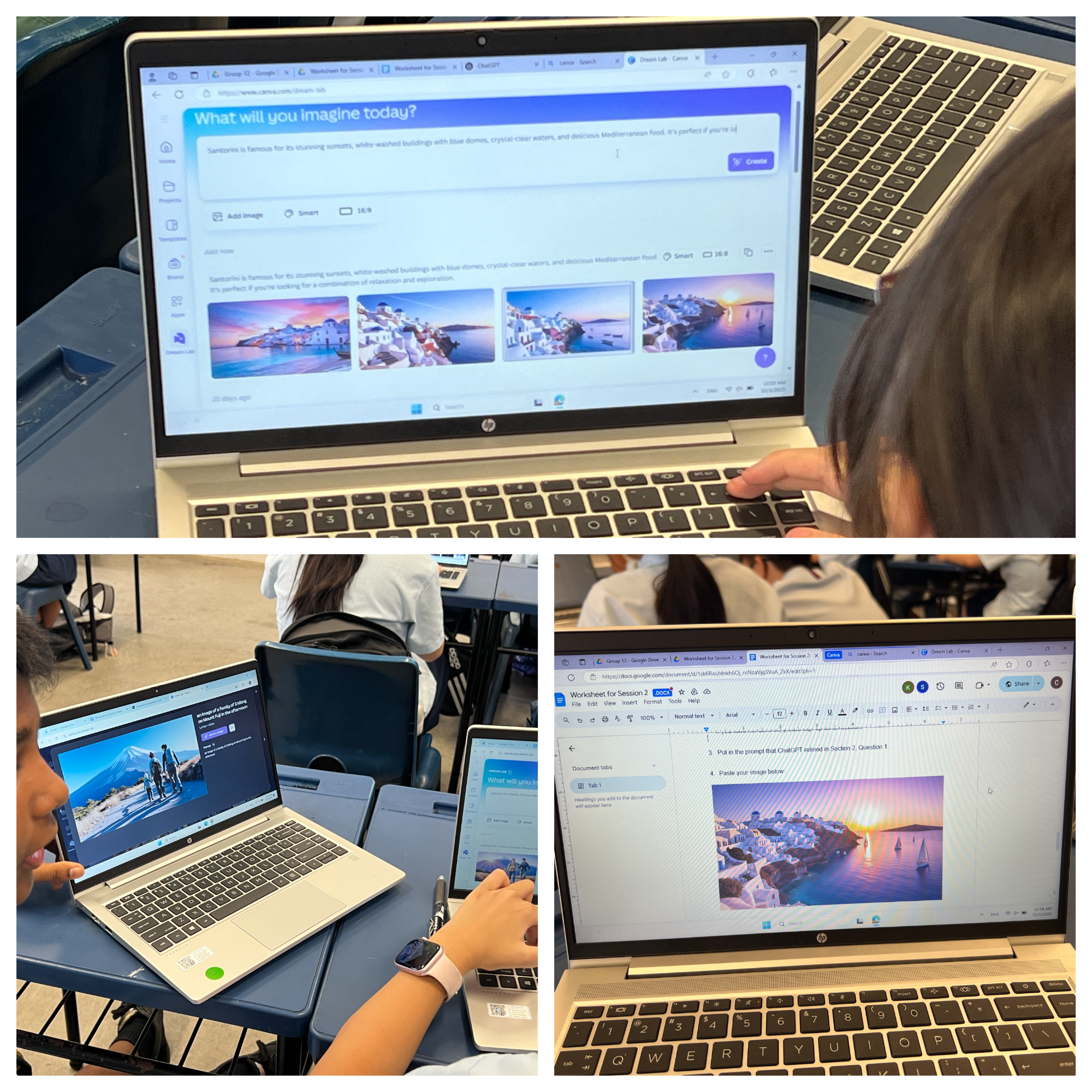Student uses a laptop showing an AI prompt and generated beach images; other laptops open in a classroom.