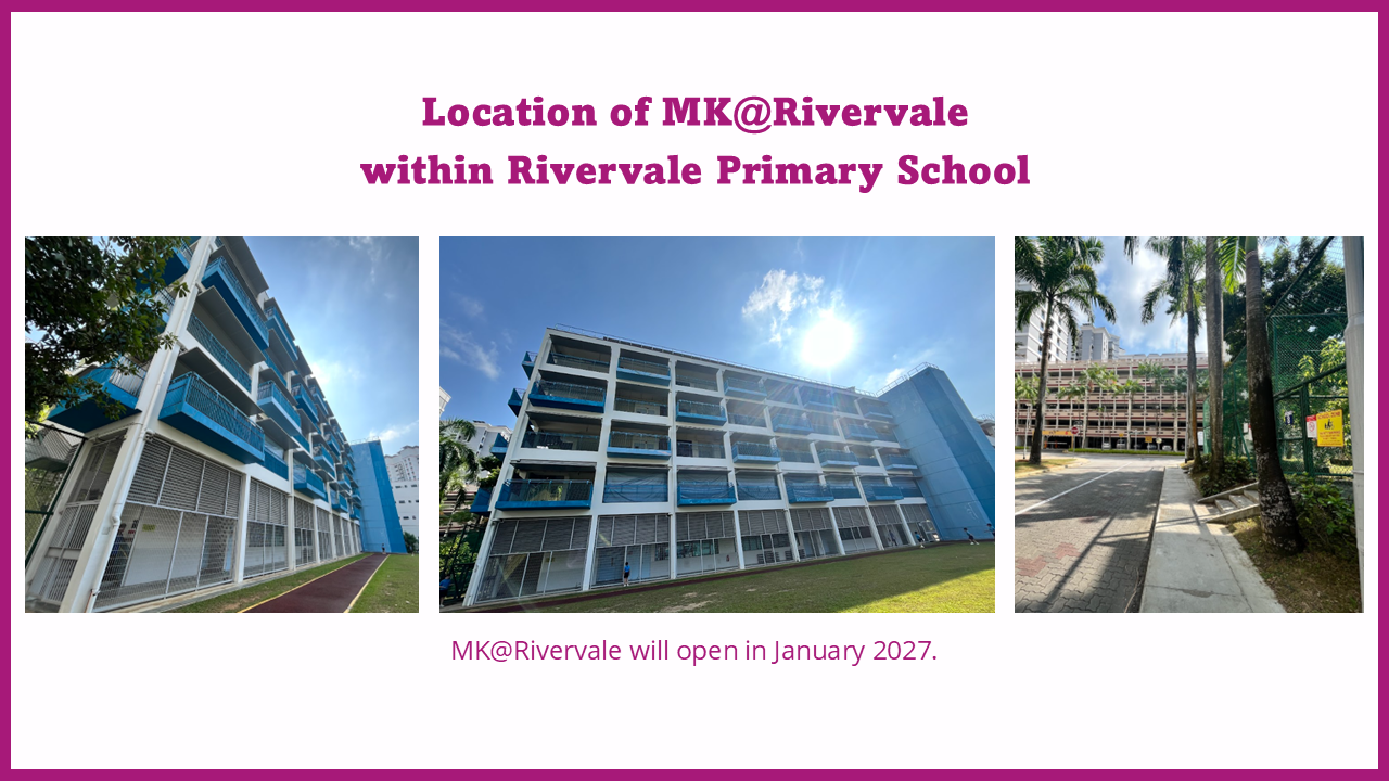 Three photos of Rivervale Primary School's blue and white multi-storey building, grounds, and pathway, opening January 2027.