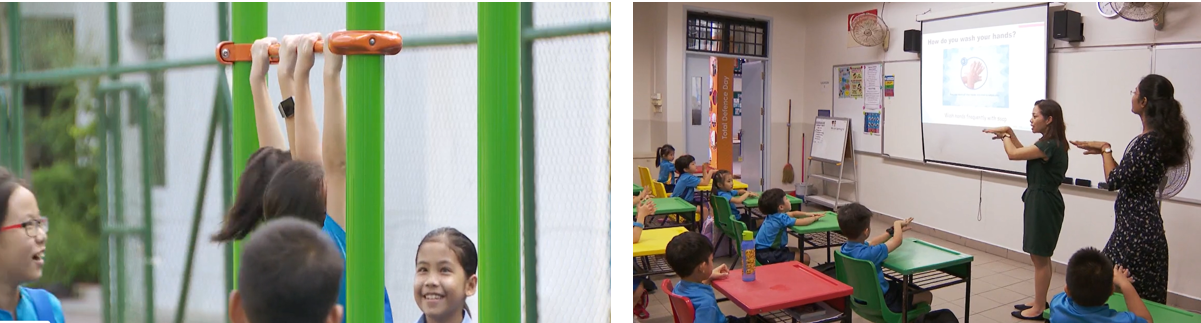 Children play on green bars outdoors while two teachers instruct young students in a colorful classroom with a projector screen.