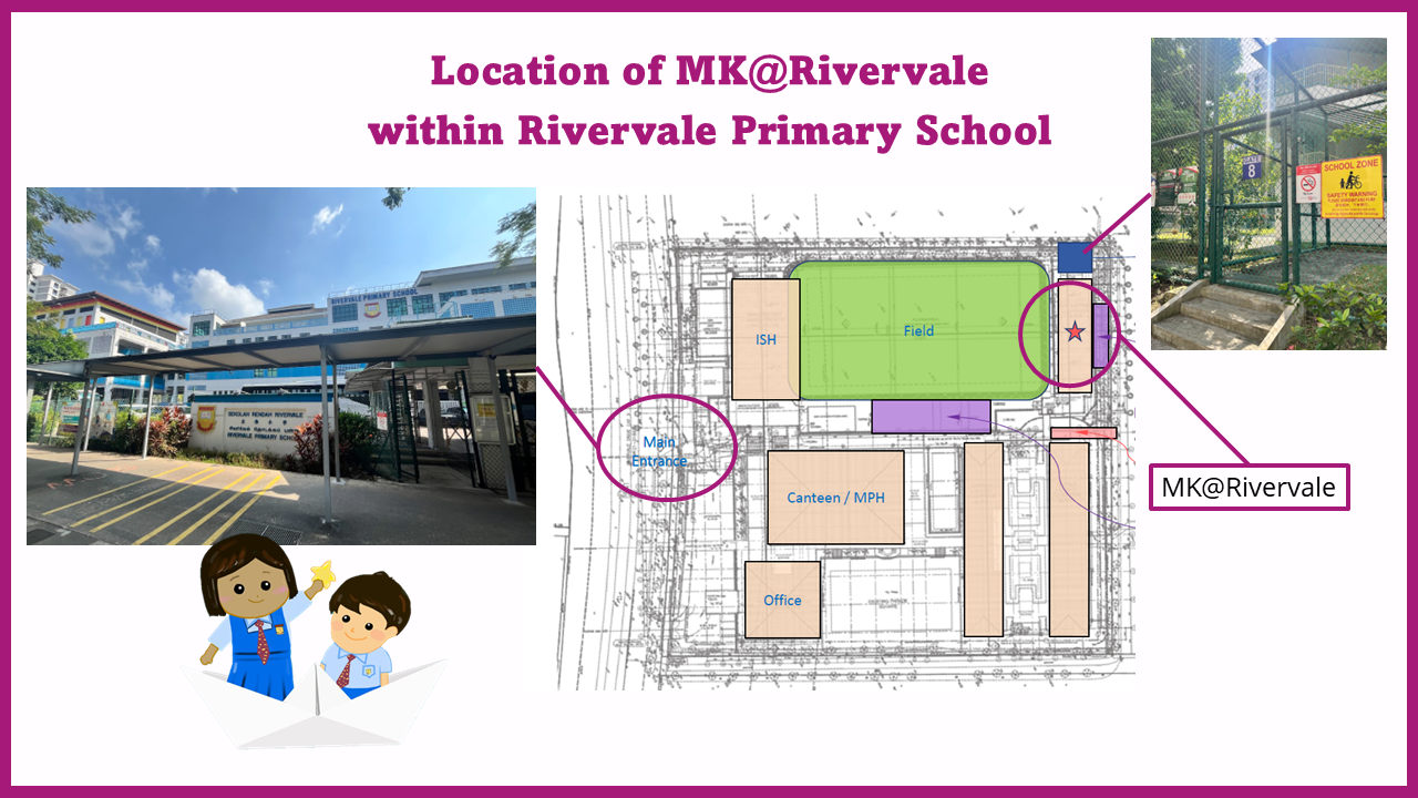 Map showing MK@Rivervale location within Rivervale Primary School, with floor plan, entrance photo, and gate photo.