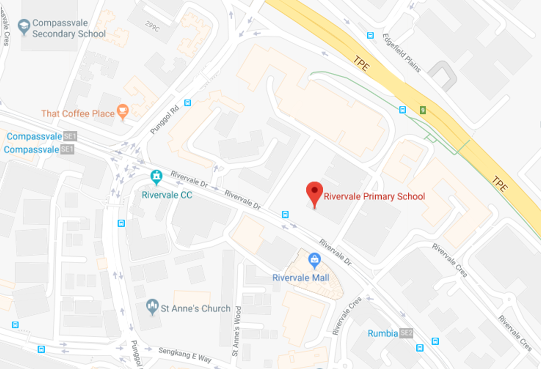 Google map showing Rivervale Primary School marked with a red pin near Rivervale Drive and the TPE expressway.