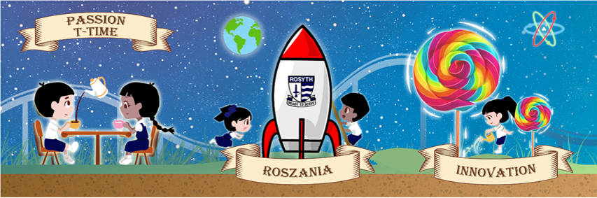 Cartoon children around a rocket with banners reading Passion T-Time, Roszania, and Innovation on a starry background.