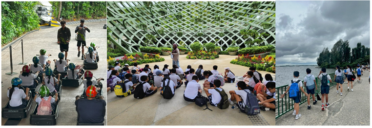 Three scenes of students on a field trip: riding go-karts, sitting in a garden dome, and walking along a waterfront.
