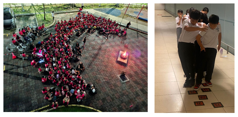 Aerial view of people in red forming an arrow shape outdoors; beside it, students doing a balance activity indoors.