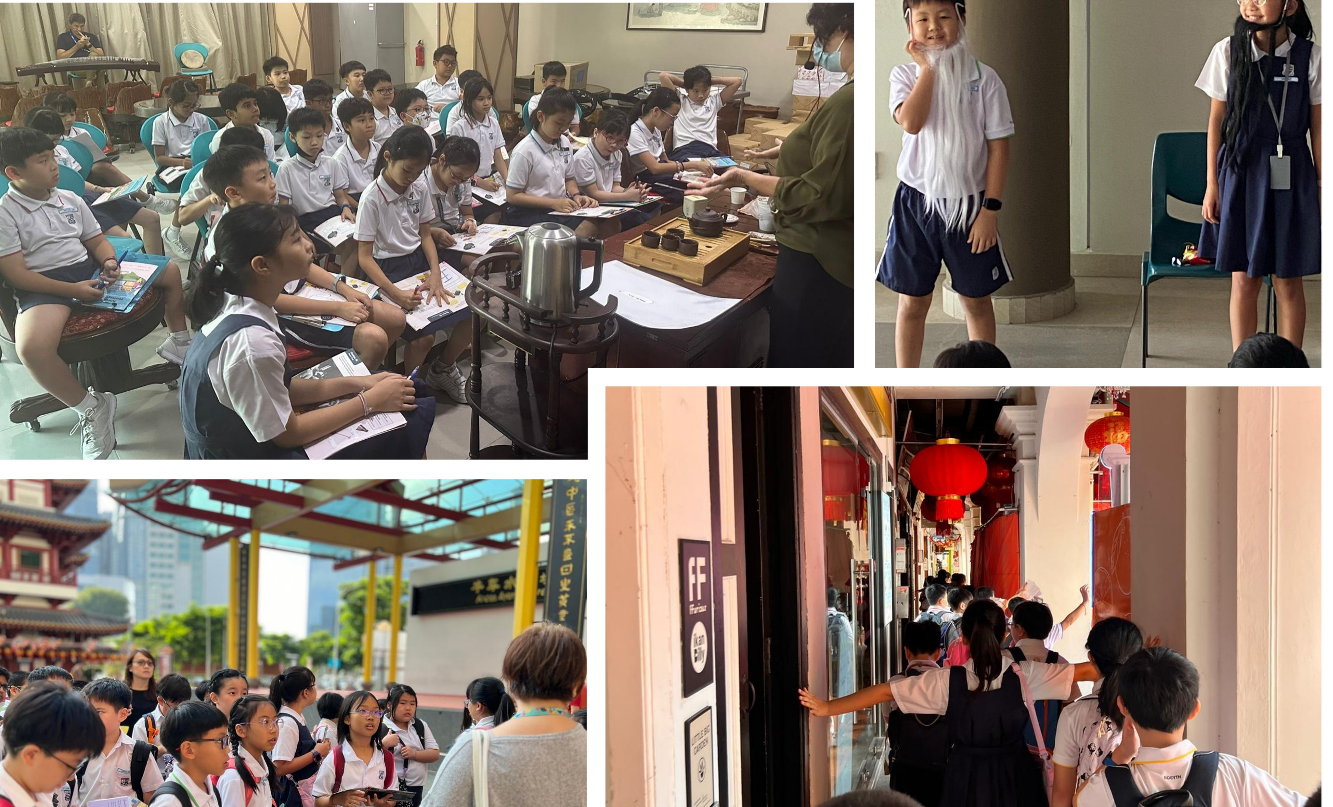 Students in school uniforms on a field trip, attending a tea ceremony class and exploring streets with red lanterns.