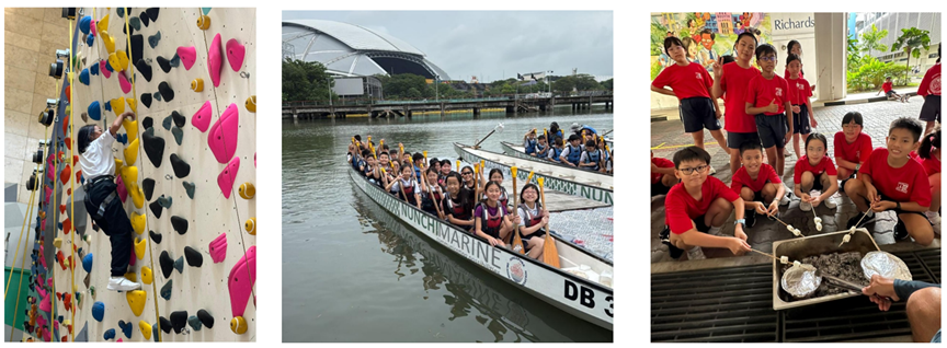 Three scenes: a child climbing a wall, students in a dragon boat on a river, and kids in red uniforms at a grill.