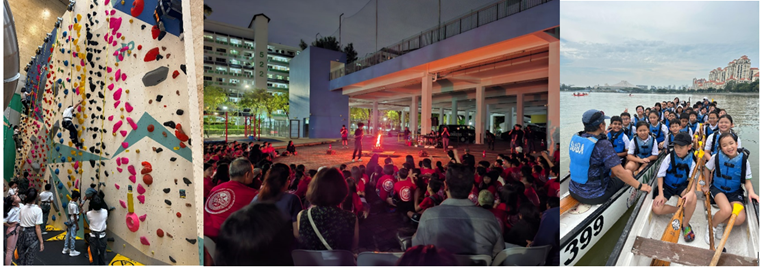 Three panels show a colorful climbing wall, a crowd watching a nighttime performance, and a group in life vests on a dragon boat.