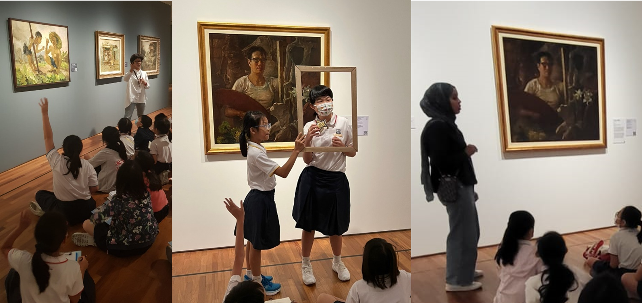 Students on a museum tour view and interact with large oil paintings on gallery walls in three scenes.