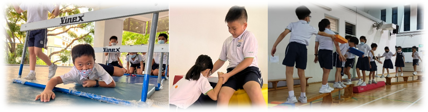 Young students in school uniforms doing PE activities: crawling under a bar, stretching, and balancing on benches.