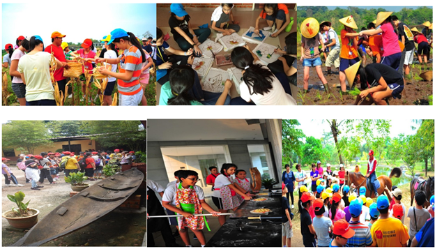 Six-panel collage showing children and adults doing farm work, crafts, cooking, and outdoor group activities.