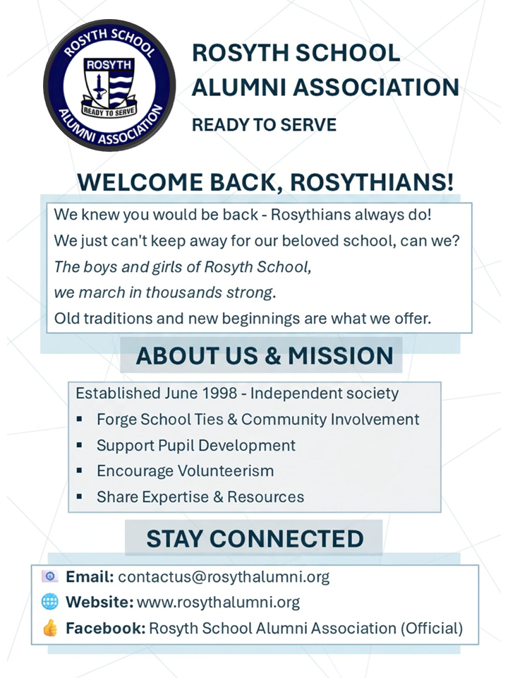 Rosyth School Alumni Association flyer with mission details, welcome message, and contact information including email and website.