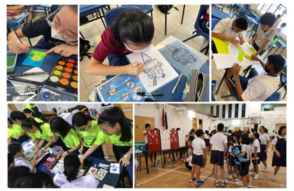 Students in school uniforms engage in art activities including painting, drawing, and a group gathering in a gymnasium.