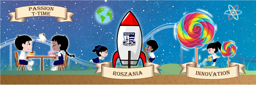 Cartoon children around a rocket, globe, and lollipops with banners reading Passion T-Time, Roszania, and Innovation.