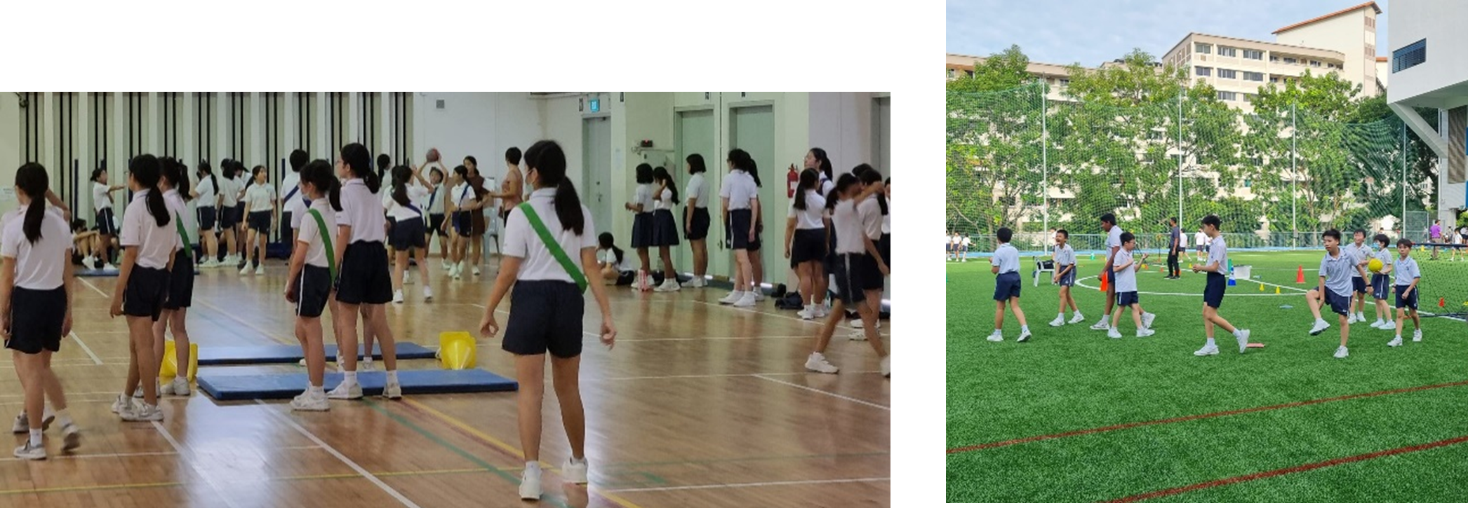 Students in uniforms exercise indoors on a gym floor and outdoors on a green sports field.