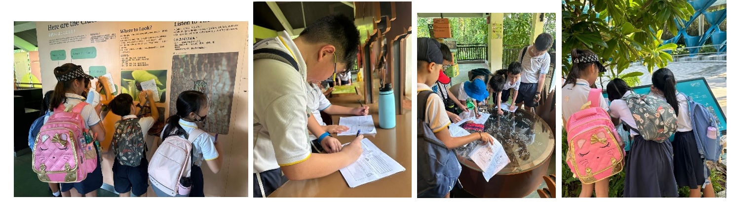 Students with backpacks on a school field trip, reading displays, writing worksheets, and gathered around a table outdoors.