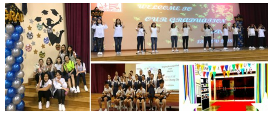 Students celebrating a graduation event with performances on stage, group photos, and colorful decorations.