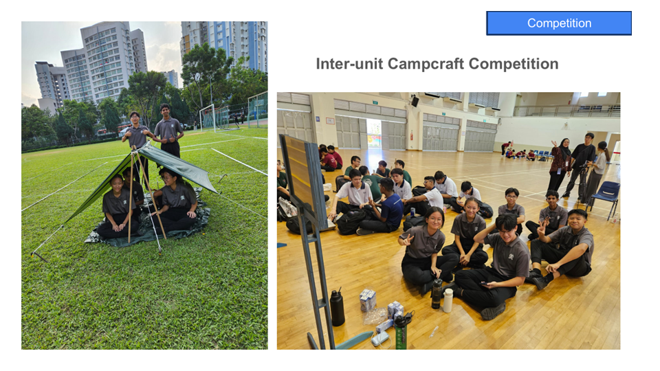 Students set up a tarp tent outdoors and gather indoors on a gym floor at an Inter-unit Campcraft Competition.