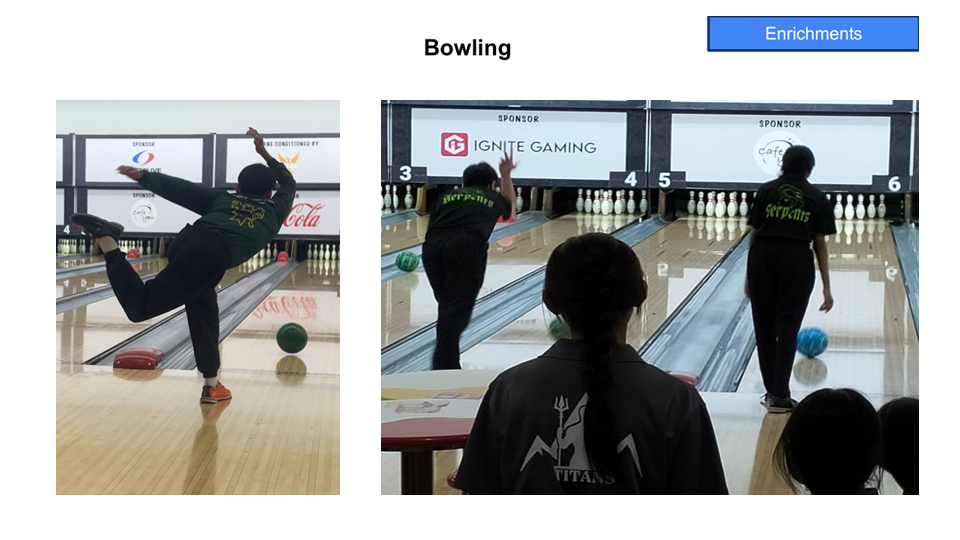 Two bowling alley photos showing players in Serpents jerseys releasing balls toward pins on numbered lanes.