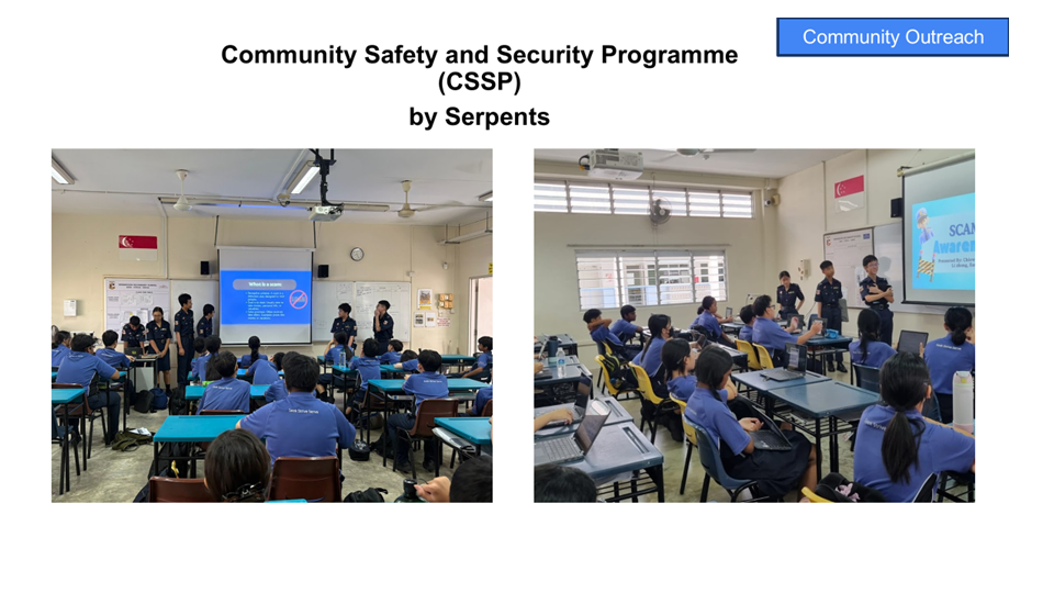 Students in blue uniforms attend a Community Safety and Security Programme presentation in a classroom with a projected screen.