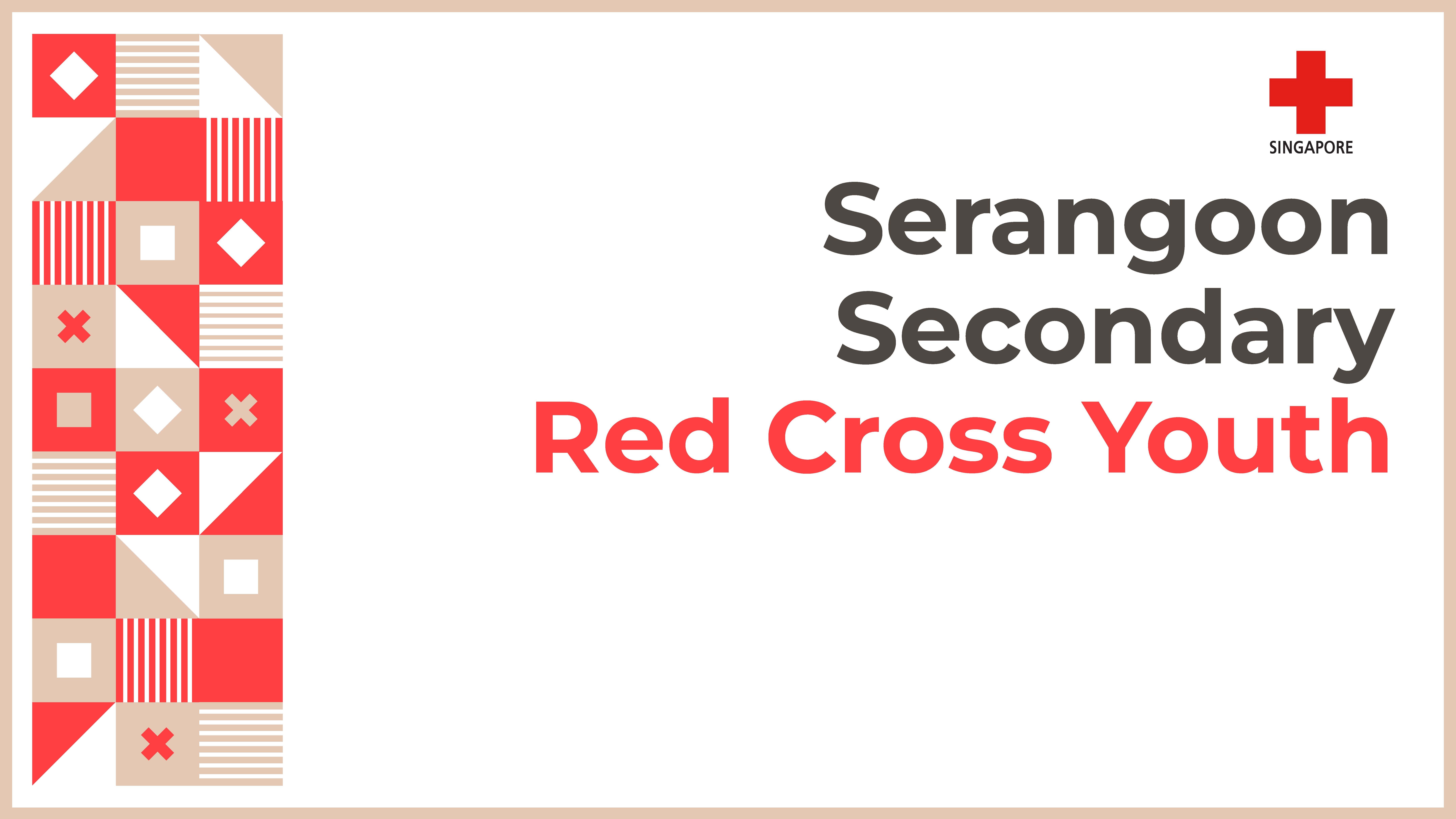 Serangoon Secondary Red Cross Youth title with red cross and a red-beige geometric patterned strip on left.