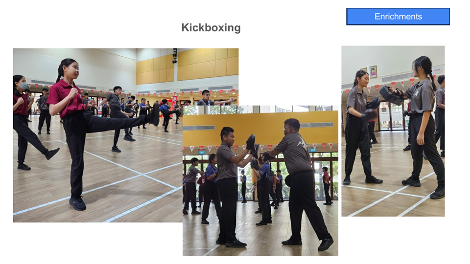 Students practicing kickboxing in a school hall, kicking and striking pads in three photos.