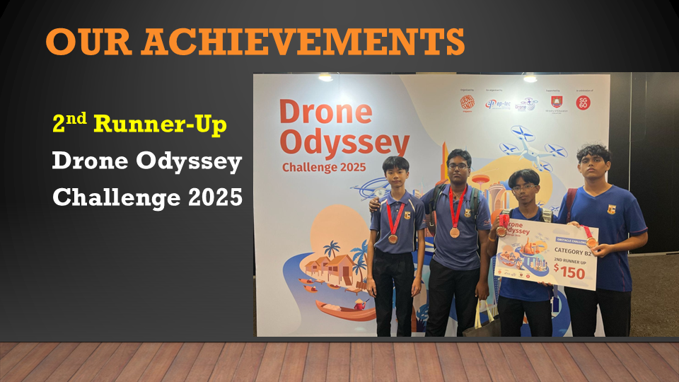 Four students with medals hold a $150 prize cheque at Drone Odyssey Challenge 2025, winning 2nd Runner-Up.