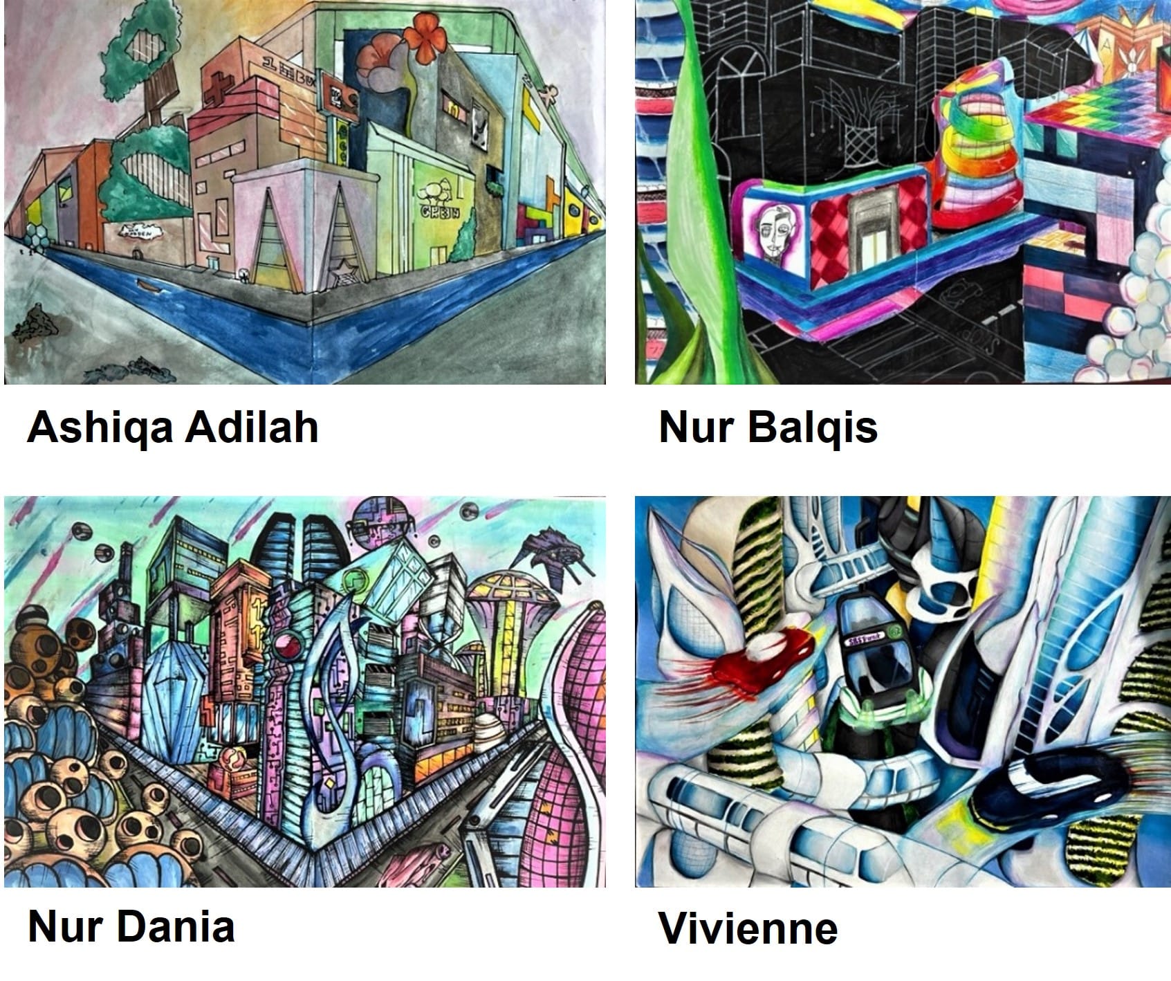 Four colorful student artworks by Ashiqa Adilah, Nur Balqis, Nur Dania, and Vivienne showing futuristic cityscapes and abstract scenes.