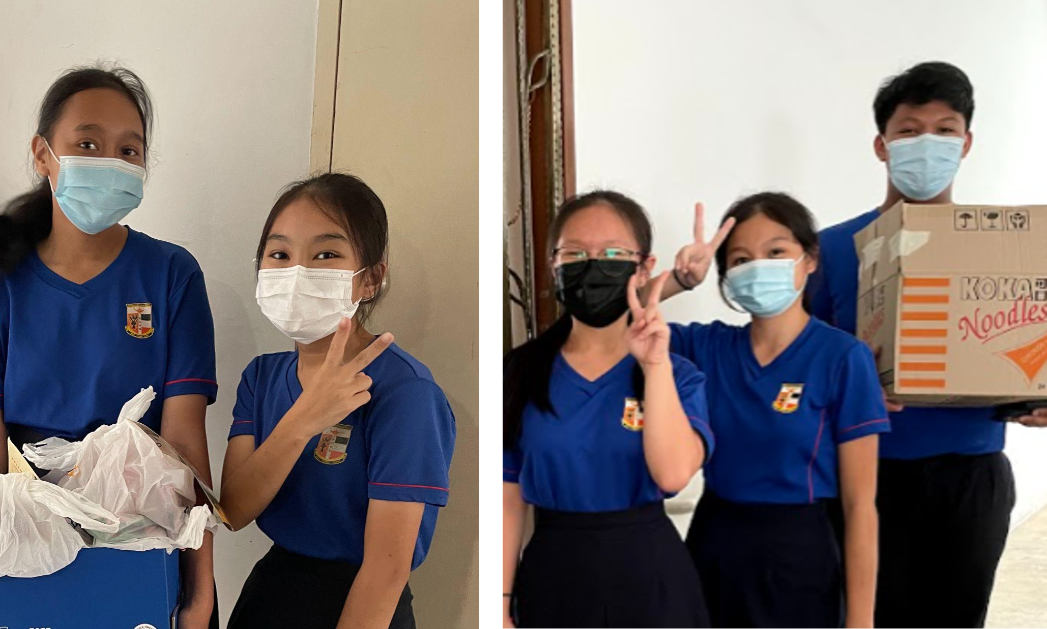 Two photos of students in school uniform wearing face masks, one holding a takeaway bag and another holding a delivery box, posing together indoors