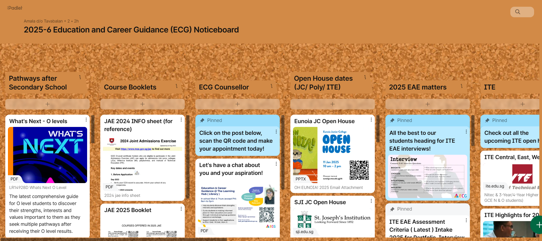 Padlet board titled 2025-6 Education and Career Guidance Noticeboard with columns for pathways, courses, and open houses.
