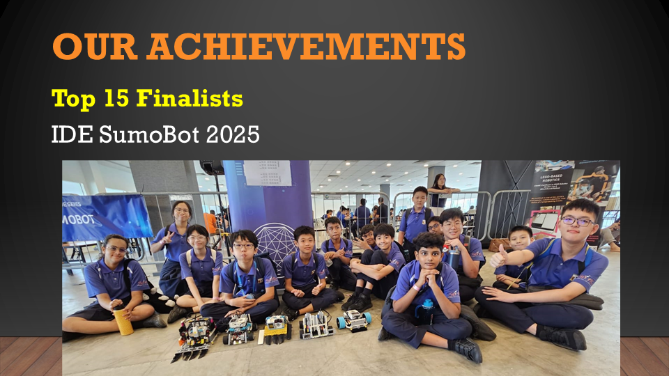 Students in blue uniforms pose with small robots at IDE SumoBot 2025, recognized as Top 15 Finalists.