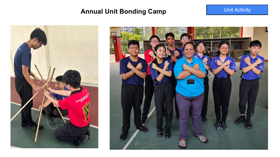 Students at an Annual Unit Bonding Camp, one group building with sticks, another posing with arms crossed.